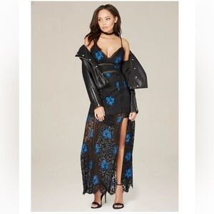 NWT Bebe Mandy Lace‎ Maxi Dress Sz 2 NEW  $179 Black Blue Prom Gown